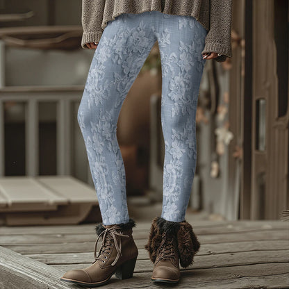 Fashion Women's Slim-Fit Leggings Wine Red Floral Pants Autumn Winter Stylish Thick Warm Pants Sexy Tights for Outdoor Wear
