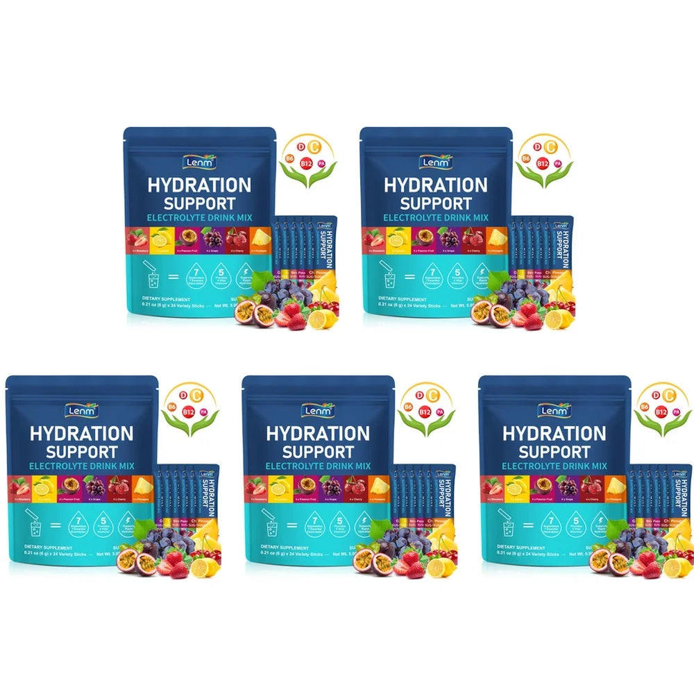 Lenm Electrolyte Drink Mix Powder with 7 Electrolytes and 5 Vitamins, Sugar-Free Vegan Travel Hydration Support 24 Sticks