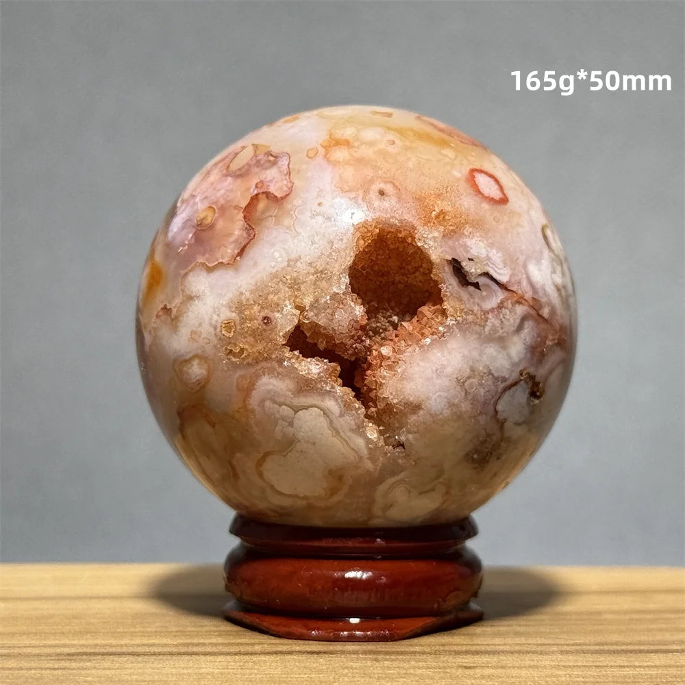Red Cherry Blossom Agate Ball Natural Mineral Gem Aura Spiritual Meditation Massage Energy Divination Home Decoration Gift+Base