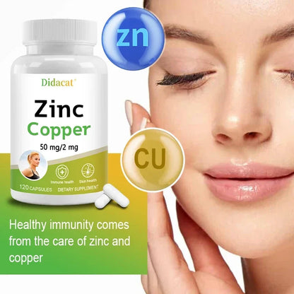 Zinc and Copper Dietary Supplement, 120 Capsules, Mineral and Antioxidant Supplement, Immunity and Mood, Supports Skin Health