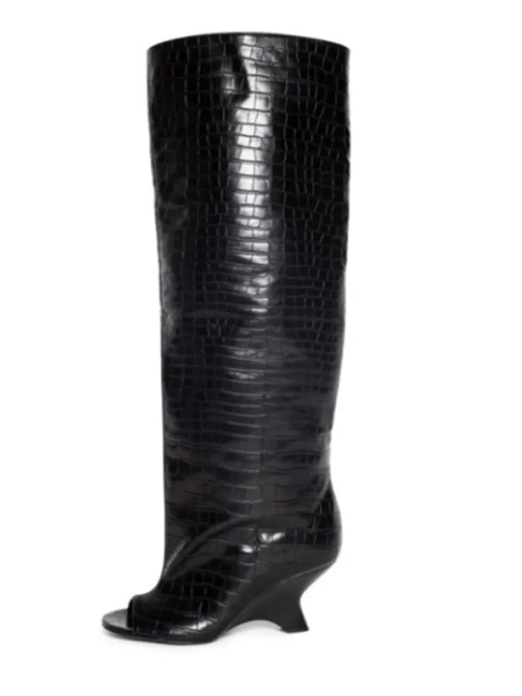 2026Women's Fish Mouth Thick High Heels Knee Length Cool Boots Slant Heel Fashion Show Large Size Spring/Summer Women's Boots