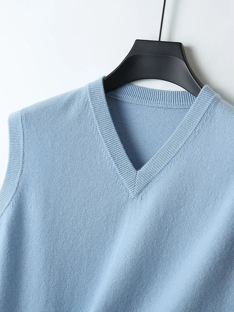 Autumn Winter Men's Wool Vests V-neck Sleeveless Pullover Sweater 100% Merino Wool Knitted Basic Smart Casual Cashmere Waistcoat