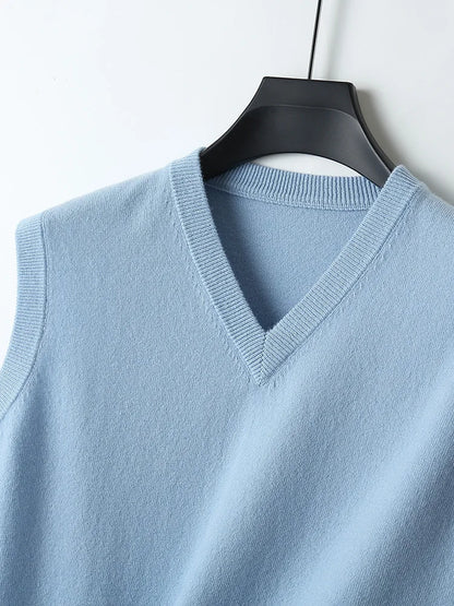 Autumn Winter Men's Wool Vests V-neck Sleeveless Pullover Sweater 100% Merino Wool Knitted Basic Smart Casual Cashmere Waistcoat