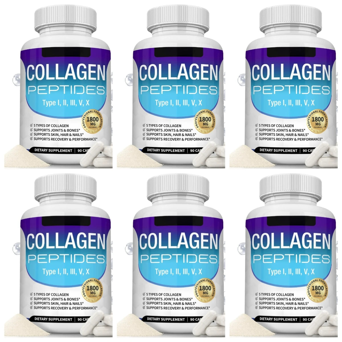 Collagen Peptides Capsules with 5 Types of Collagen for Joints, Bones, Skin, Hair & Nails Wellness Support, Adults, 90 Capsules