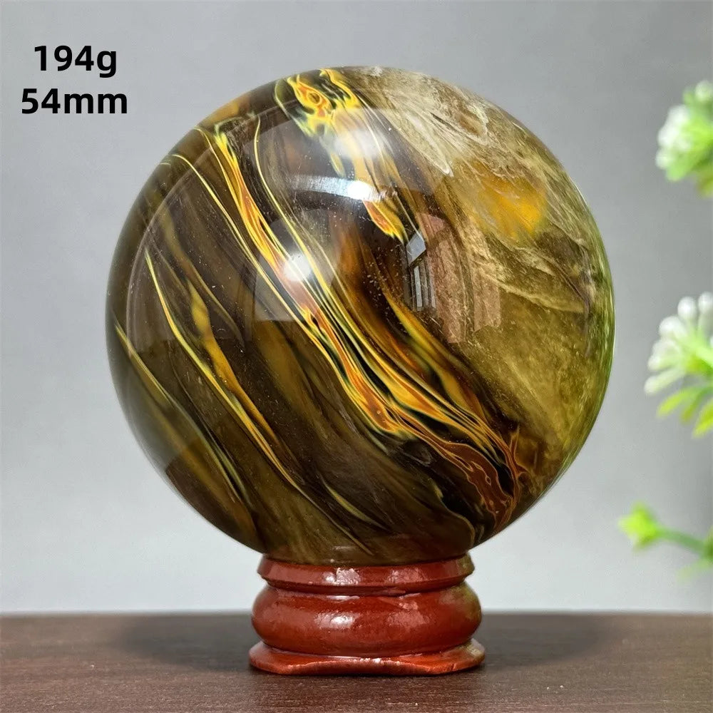 Energy Tiger Skin Smelting Stone Crystal Ball Aura Meditation Witchcraft Prayer Wealth Home Decoration Holiday Gift + Base
