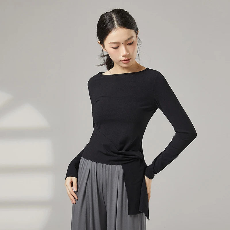 Women Modern Dance Practice Clothes Top Long Sleeve Shirt Hem Bandage Elegant Slim Adult Performance Latin Competition Dancewear