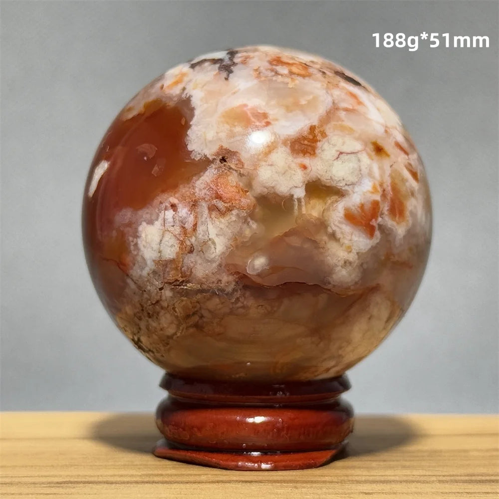 Red Cherry Blossom Agate Ball Natural Mineral Gem Aura Spiritual Meditation Massage Energy Divination Home Decoration Gift+Base