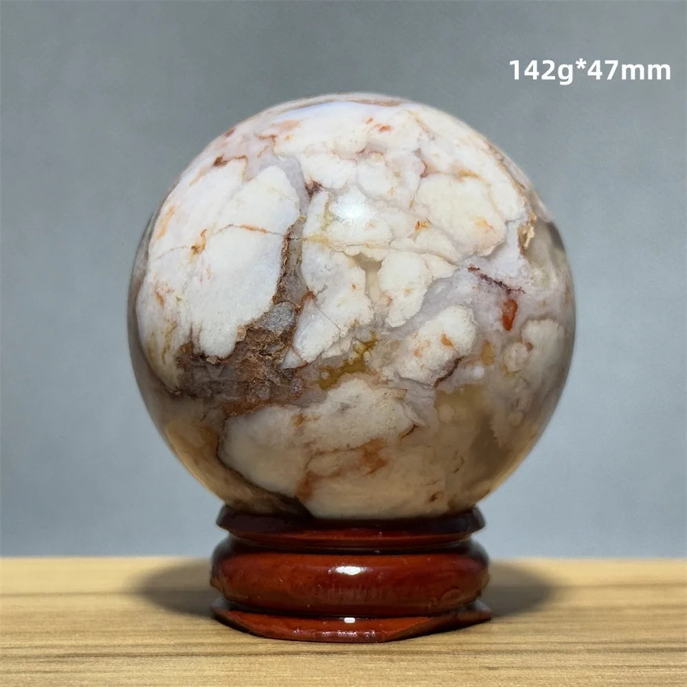 Red Cherry Blossom Agate Ball Natural Mineral Gem Aura Spiritual Meditation Massage Energy Divination Home Decoration Gift+Base