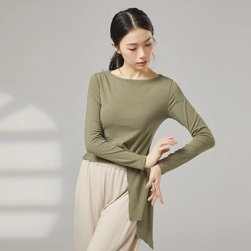 Women Modern Dance Practice Clothes Top Long Sleeve Shirt Hem Bandage Elegant Slim Adult Performance Latin Competition Dancewear