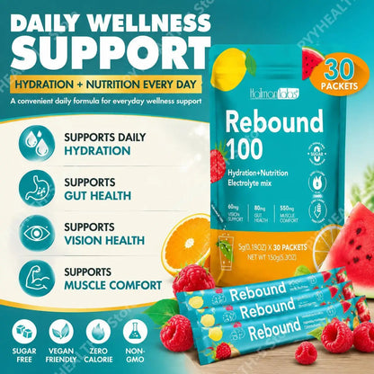 Halmonlabs Rebound 100 Electrolyte Mix Powder Daily Hydration Support with Calcium, Magnesium, Potassium & Sodium 30 Packets