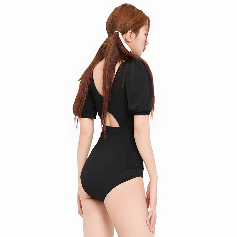 Women Swim Suit One-piece Swimsuits Ruched Front Korean Cut Out Swimwear Black Ladies Bathing Suits V Neck Monokini Beachwear