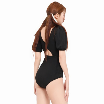 Women Swim Suit One-piece Swimsuits Ruched Front Korean Cut Out Swimwear Black Ladies Bathing Suits V Neck Monokini Beachwear