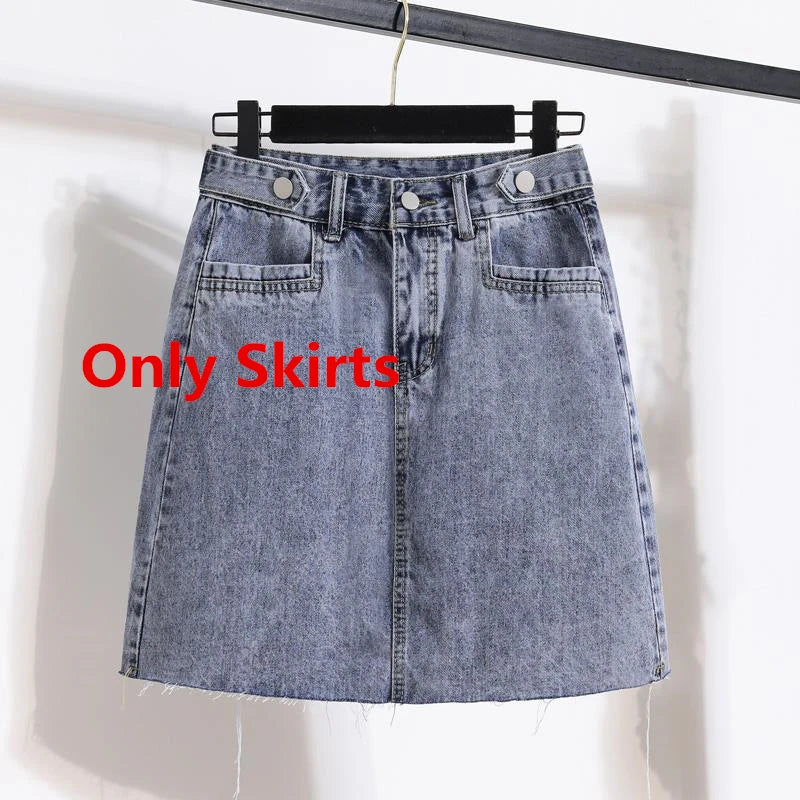 Women Casual Stripe Shawl T Shirt Skirts Two Piece Set 2025 Summer Student Fashion Tops Denim A-Line Skirt Outfits Lady Clothes