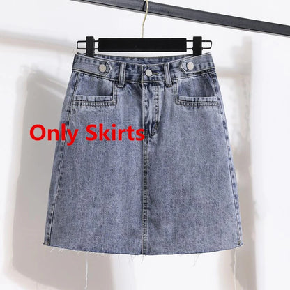 Women Casual Stripe Shawl T Shirt Skirts Two Piece Set 2025 Summer Student Fashion Tops Denim A-Line Skirt Outfits Lady Clothes
