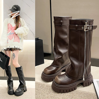 Winter Women Biker Boots Fashion Belt Buckle Ladies Elegant Platform Long Pipe Booties Casual Women's Knee High Booties2024