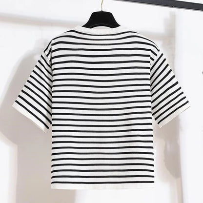 Women Casual Stripe Shawl T Shirt Skirts Two Piece Set 2025 Summer Student Fashion Tops Denim A-Line Skirt Outfits Lady Clothes