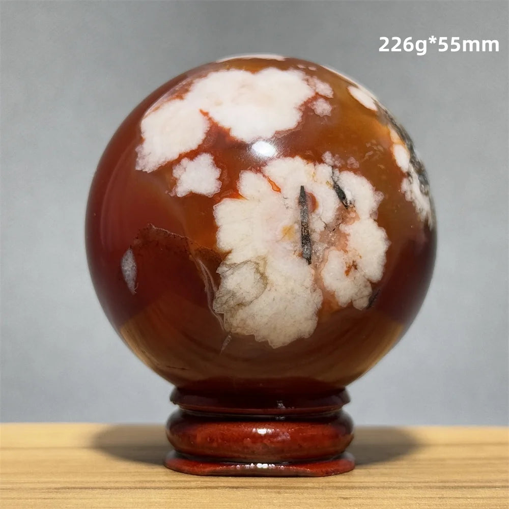 Red Cherry Blossom Agate Ball Natural Mineral Gem Aura Spiritual Meditation Massage Energy Divination Home Decoration Gift+Base