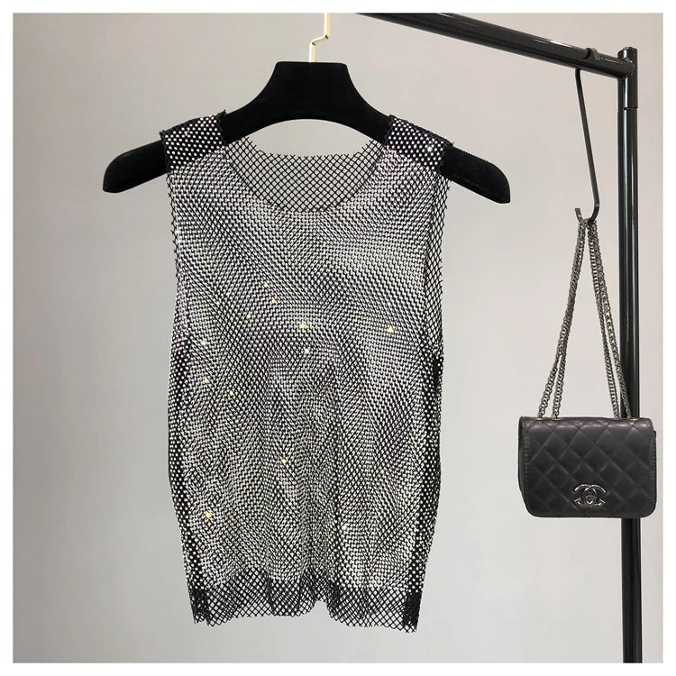 Crystal Beading Shiny Tanks Party Club Sexy Hollow Out Diamonds Stamping Camis Winky Sleeveless Vest
