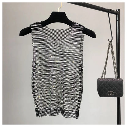 Crystal Beading Shiny Tanks Party Club Sexy Hollow Out Diamonds Stamping Camis Winky Sleeveless Vest