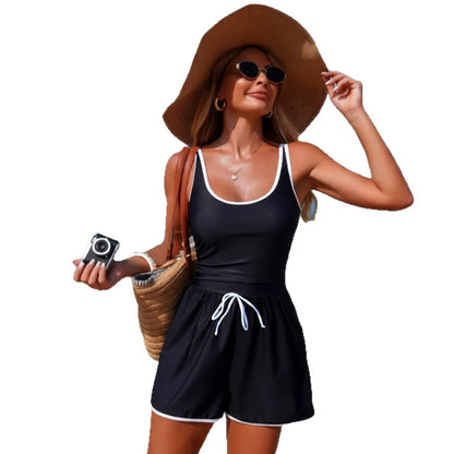 Conservative Pure Color One-Piece Swimsuit Women's Sports Bikini Cross-Border Popular Swimwear High Elasticity Quick Dry