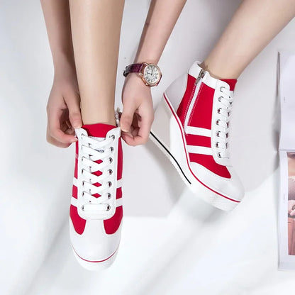 Women's Shoes 2026 New Wedge Heel Casual Canvas Shoes Women's Side Chain Lace-up Platform Shoes 8 Cm High Heel Shoes