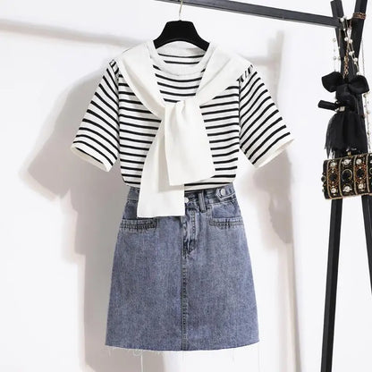 Women Casual Stripe Shawl T Shirt Skirts Two Piece Set 2025 Summer Student Fashion Tops Denim A-Line Skirt Outfits Lady Clothes