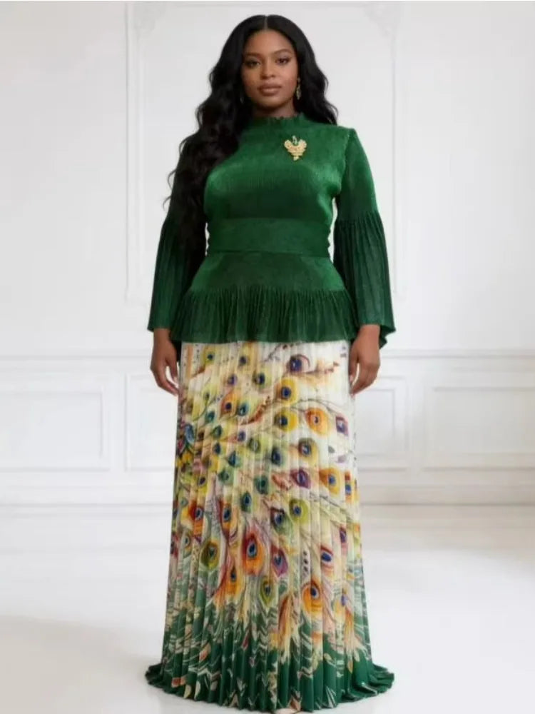 African Miyake Folds 2026 New Printing Set Loose Fashion Loose Women's Clothing Pleated Skirt Two-piece Set