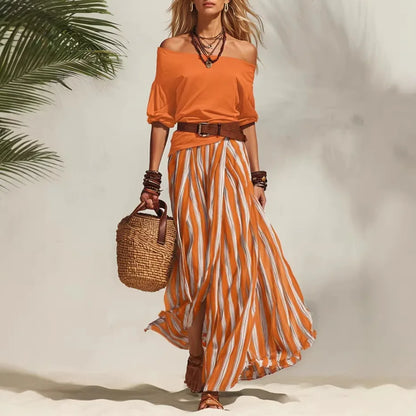 Women Multiple Colors Off Shoulder Puff Sleeve Top Vertical Stripe Flowy Maxi Skirt 2 Piece Outfit Loose Casual Vacation Set