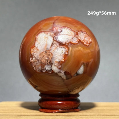 Red Cherry Blossom Agate Ball Natural Mineral Gem Aura Spiritual Meditation Massage Energy Divination Home Decoration Gift+Base