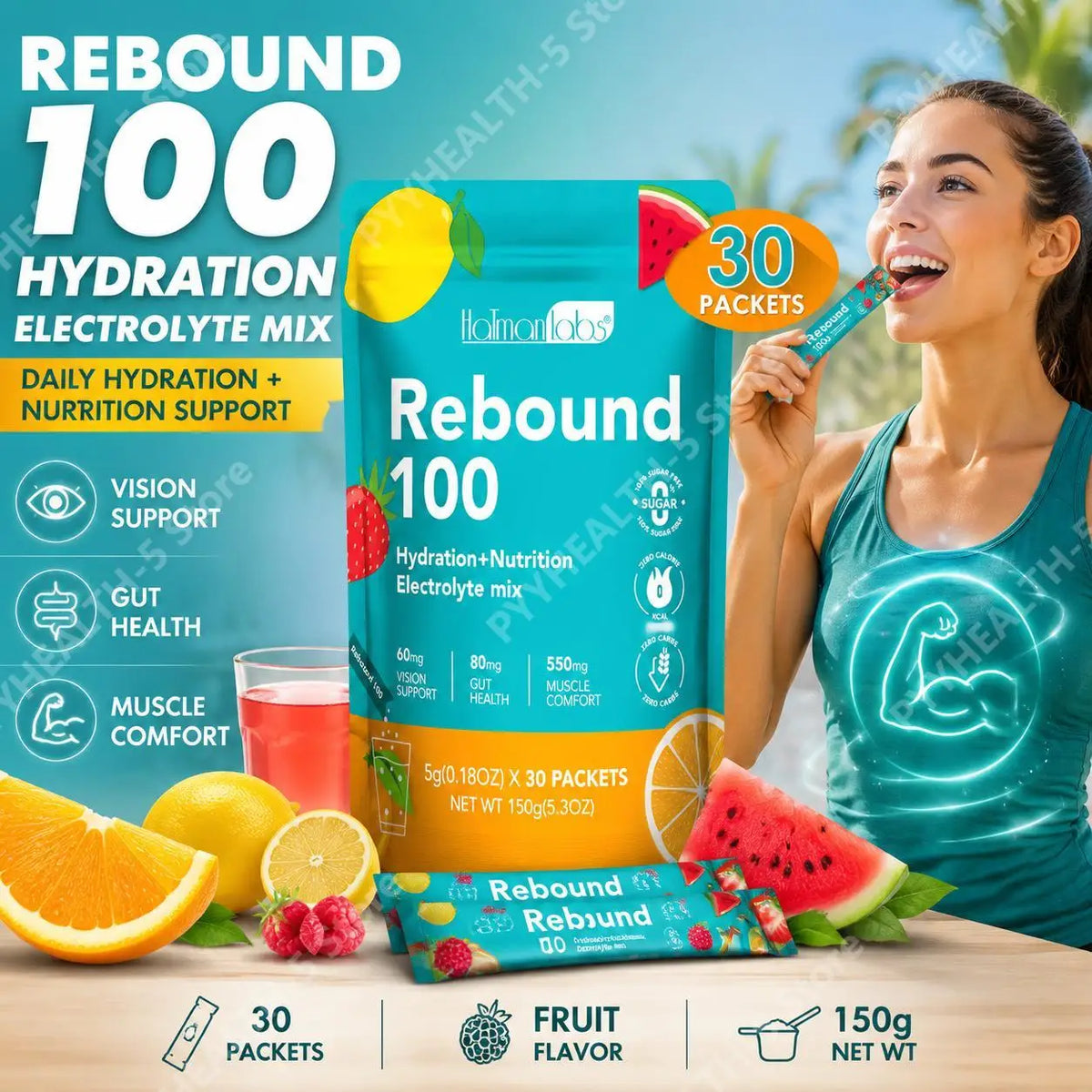 Halmonlabs Rebound 100 Electrolyte Mix Powder Daily Hydration Support with Calcium, Magnesium, Potassium & Sodium 30 Packets