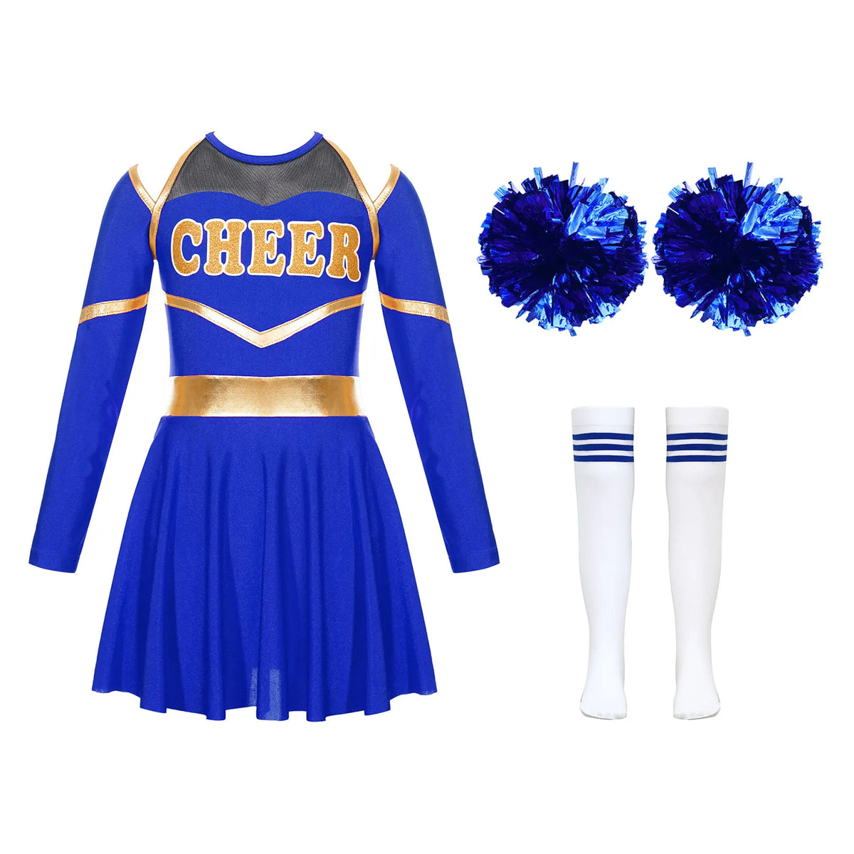 Kids Girls Cheerleading Cheer Dance Costume Cheerleader Dancing Outfits Long Sleeve Dress with Flower Balls Socks Halloween Sets
