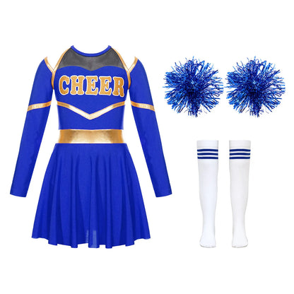 Kids Girls Cheerleading Cheer Dance Costume Cheerleader Dancing Outfits Long Sleeve Dress with Flower Balls Socks Halloween Sets
