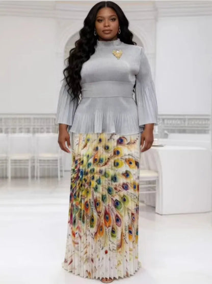 African Miyake Folds 2026 New Printing Set Loose Fashion Loose Women's Clothing Pleated Skirt Two-piece Set