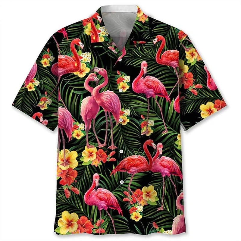 Anime Cartoon Flamingo Funny Shirt For Men Retro Plant 3D Print Leisure Quickly Dry Button Shirts Summer Street Popular Blouse