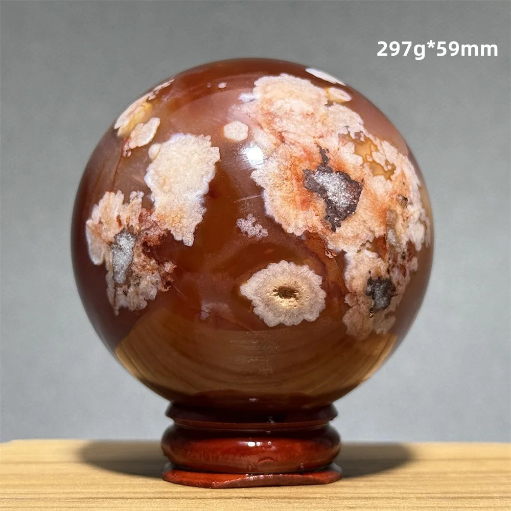 Red Cherry Blossom Agate Ball Natural Mineral Gem Aura Spiritual Meditation Massage Energy Divination Home Decoration Gift+Base