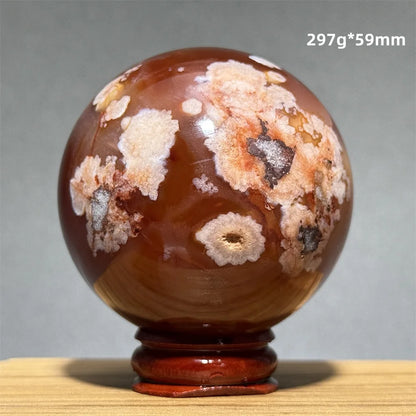 Red Cherry Blossom Agate Ball Natural Mineral Gem Aura Spiritual Meditation Massage Energy Divination Home Decoration Gift+Base