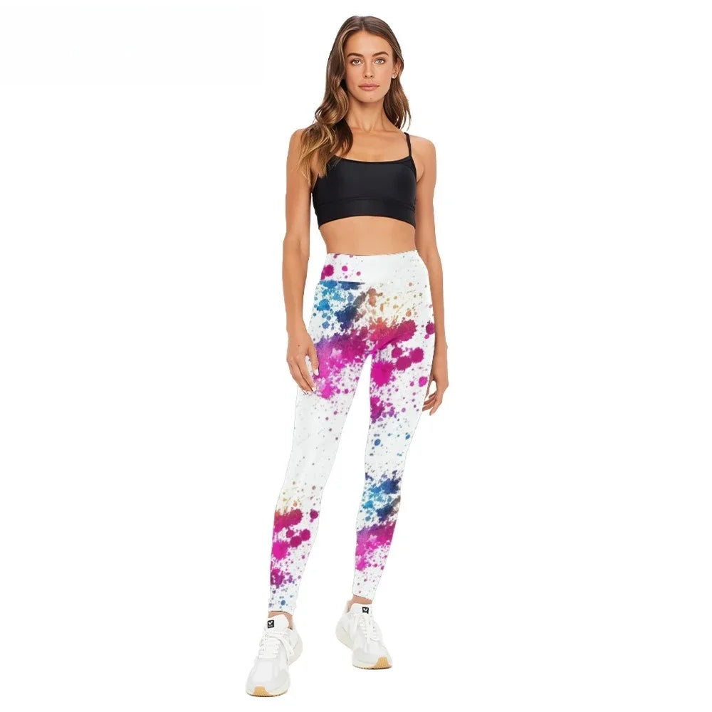 High Waist Yoga Pants Watercolor Splatter Printed All Season Naked Feel Leggings Slimming Workout Tights Trendy Fitness Bottoms