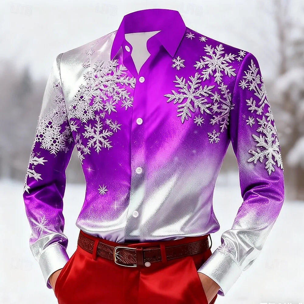 Christmas style men's long sleeved shirt, colorful snowflake 3D printed men's clothing, outdoor fashion top