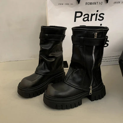 Winter Women Biker Boots Fashion Belt Buckle Ladies Elegant Platform Flats Short Booties Casual Women's Knight Booties 2026 New