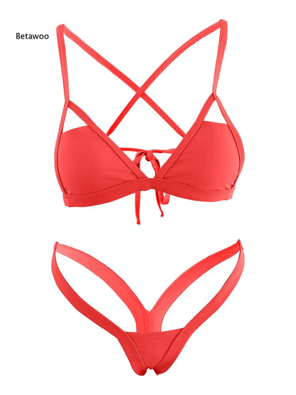 2026 Women Crisscross Back Triangle Bikini Set, Front Tie Top & High Cut Thong Bottom