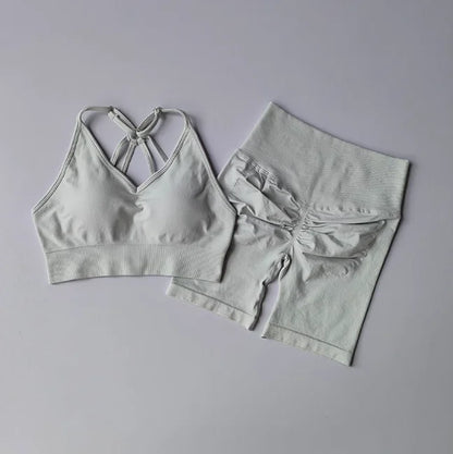 Workout Sets for Women, V Back Sports Bra with High Waist Shorts, Moisture Wicking Yoga Outfit for Training