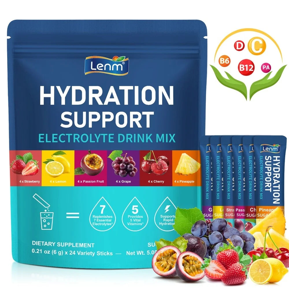 Lenm Electrolyte Drink Mix Powder with 7 Electrolytes and 5 Vitamins, Sugar-Free Vegan Travel Hydration Support 24 Sticks