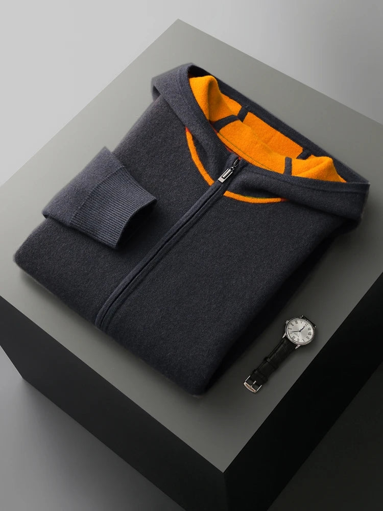 Luxury Men's 100% Cashmere Hooded Sweater Cardigan Casual Cashmere Pants Thick Warm Knitwear Autumn Winter Jacket Hoodie Tops