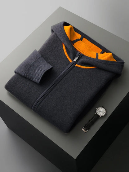 Luxury Men's 100% Cashmere Hooded Sweater Cardigan Casual Cashmere Pants Thick Warm Knitwear Autumn Winter Jacket Hoodie Tops