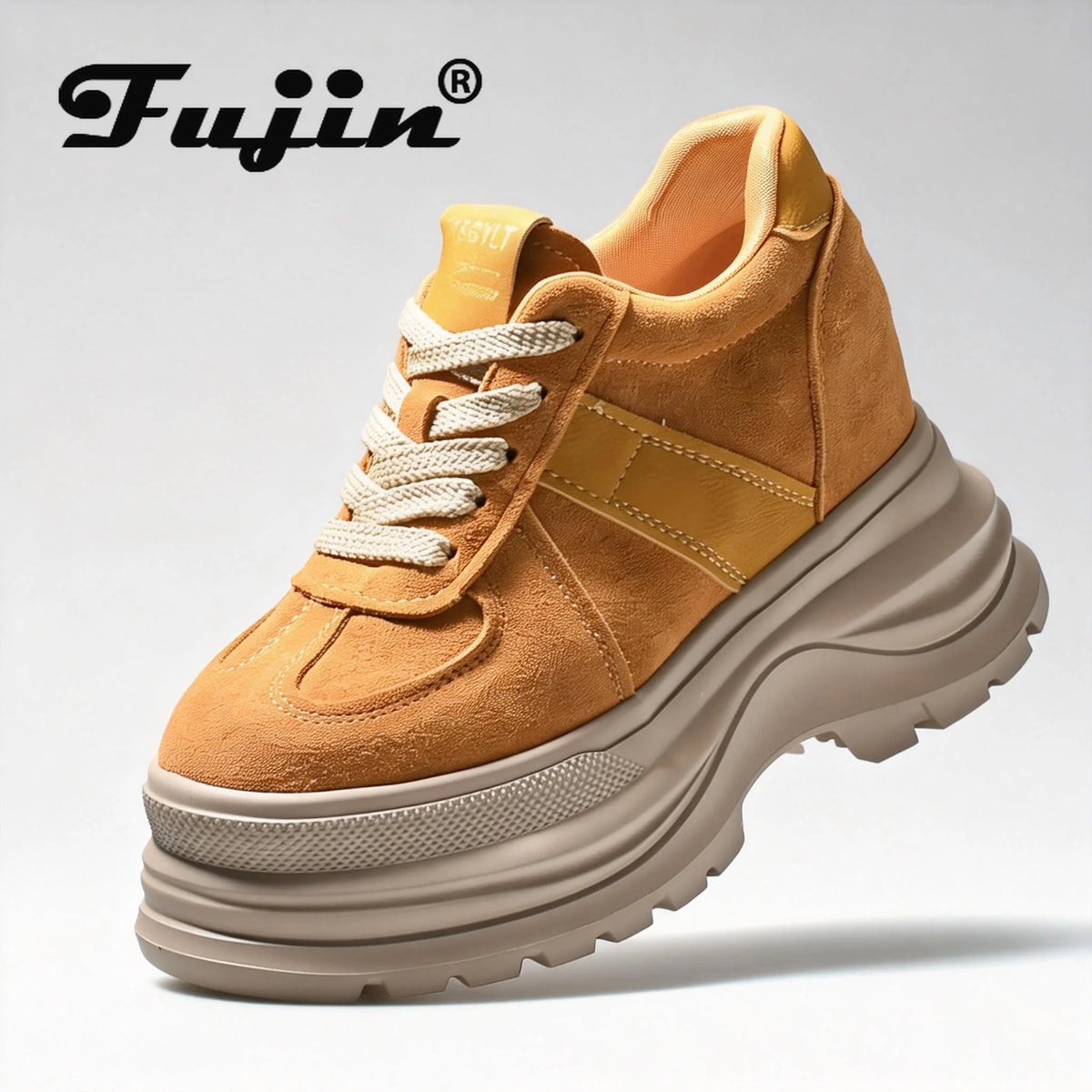 Fujin  Chunky Platform Sneakers for Fall Spring 5 Inch Heel Height Genuine Leather Suede Elevator Shoes for Petite Women New