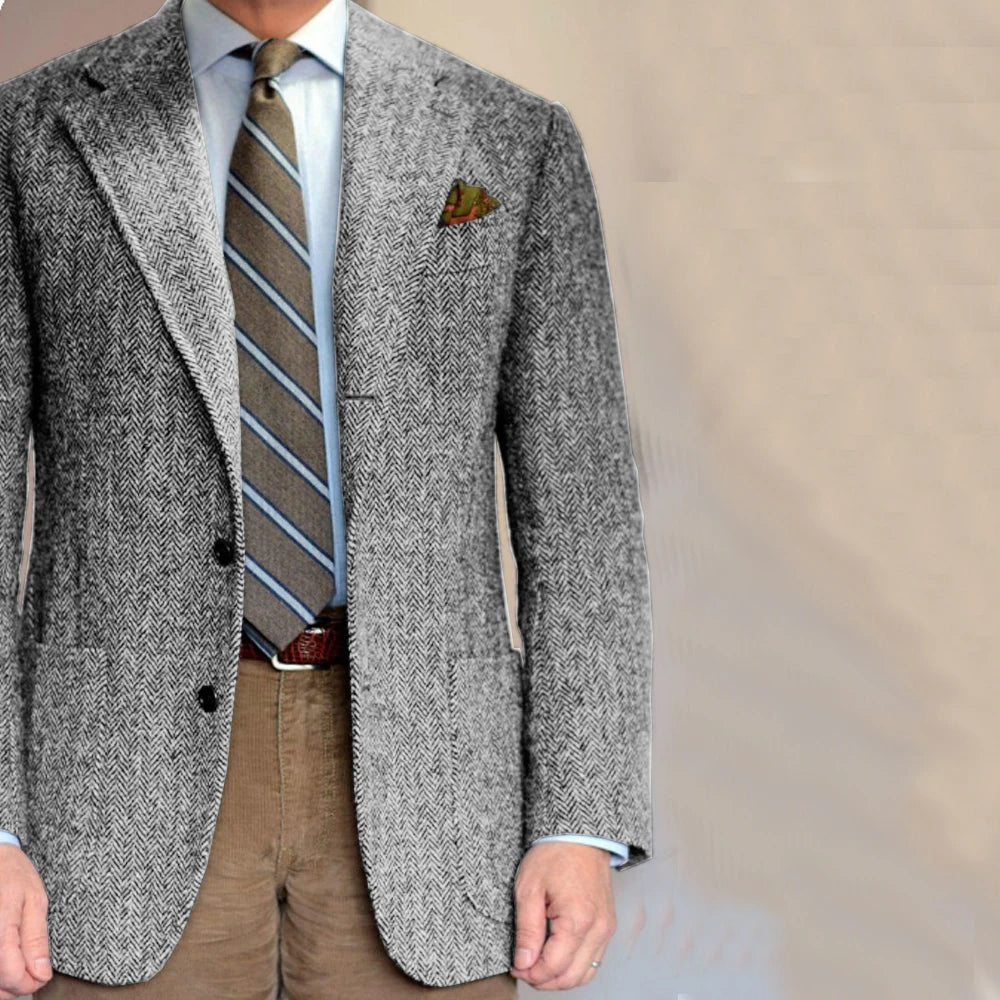 Dark Gray Business Suits Blazer Men Herringbone Notch Lapel Tuxedo Jacket Wedding Prom Party Grooms For Autumn Winter