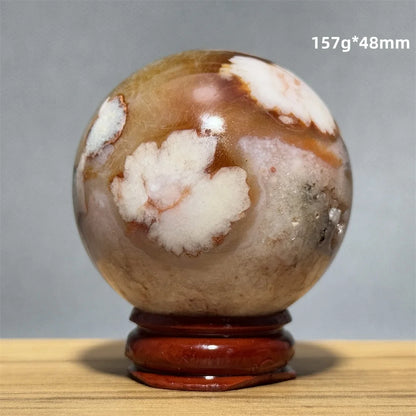 Red Cherry Blossom Agate Ball Natural Mineral Gem Aura Spiritual Meditation Massage Energy Divination Home Decoration Gift+Base