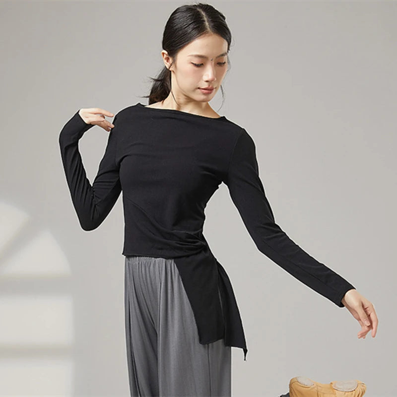 Women Modern Dance Practice Clothes Top Long Sleeve Shirt Hem Bandage Elegant Slim Adult Performance Latin Competition Dancewear