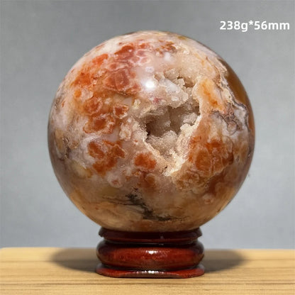 Red Cherry Blossom Agate Ball Natural Mineral Gem Aura Spiritual Meditation Massage Energy Divination Home Decoration Gift+Base