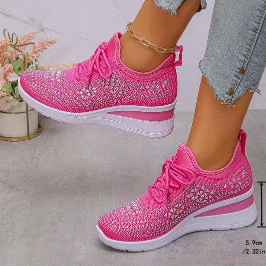 Sneakers Fall New Fashion  Round Toe Rhinestone Mesh Lace-Up Front Platform Non-Slip Wear-Resistant Wedge
